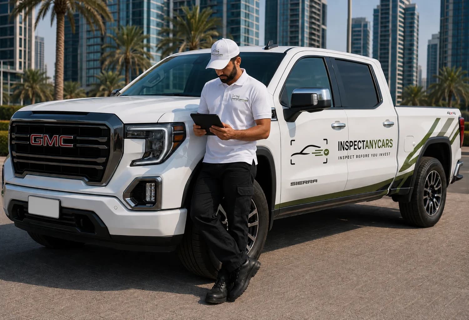 Inspect Any Cars inspector with a tablet beside a liveried pickup in Dubai