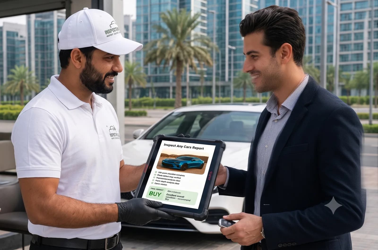 Inspect Any Cars inspector handing a completed inspection report to a customer in Dubai