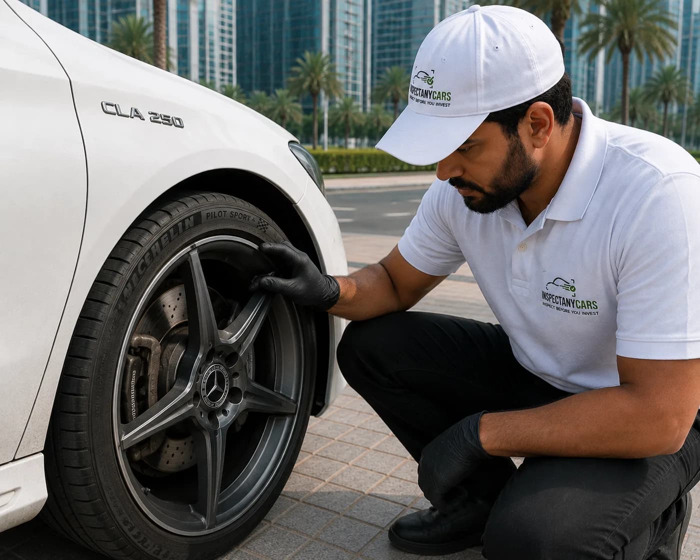 Inspector checking a brake disc, caliper and tyre at the wheel arch