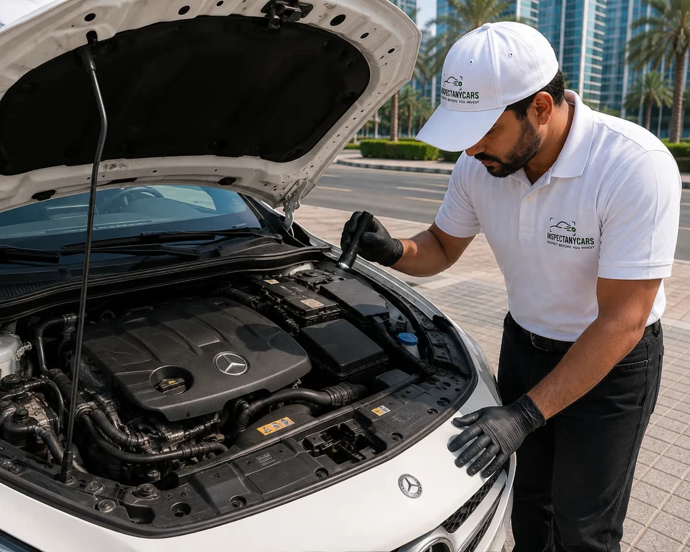 Inspect Any Cars inspector examining an engine bay with a torch