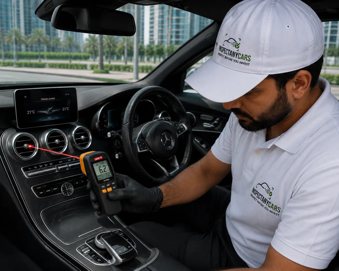 Inspector measuring air-conditioning vent temperature inside a car