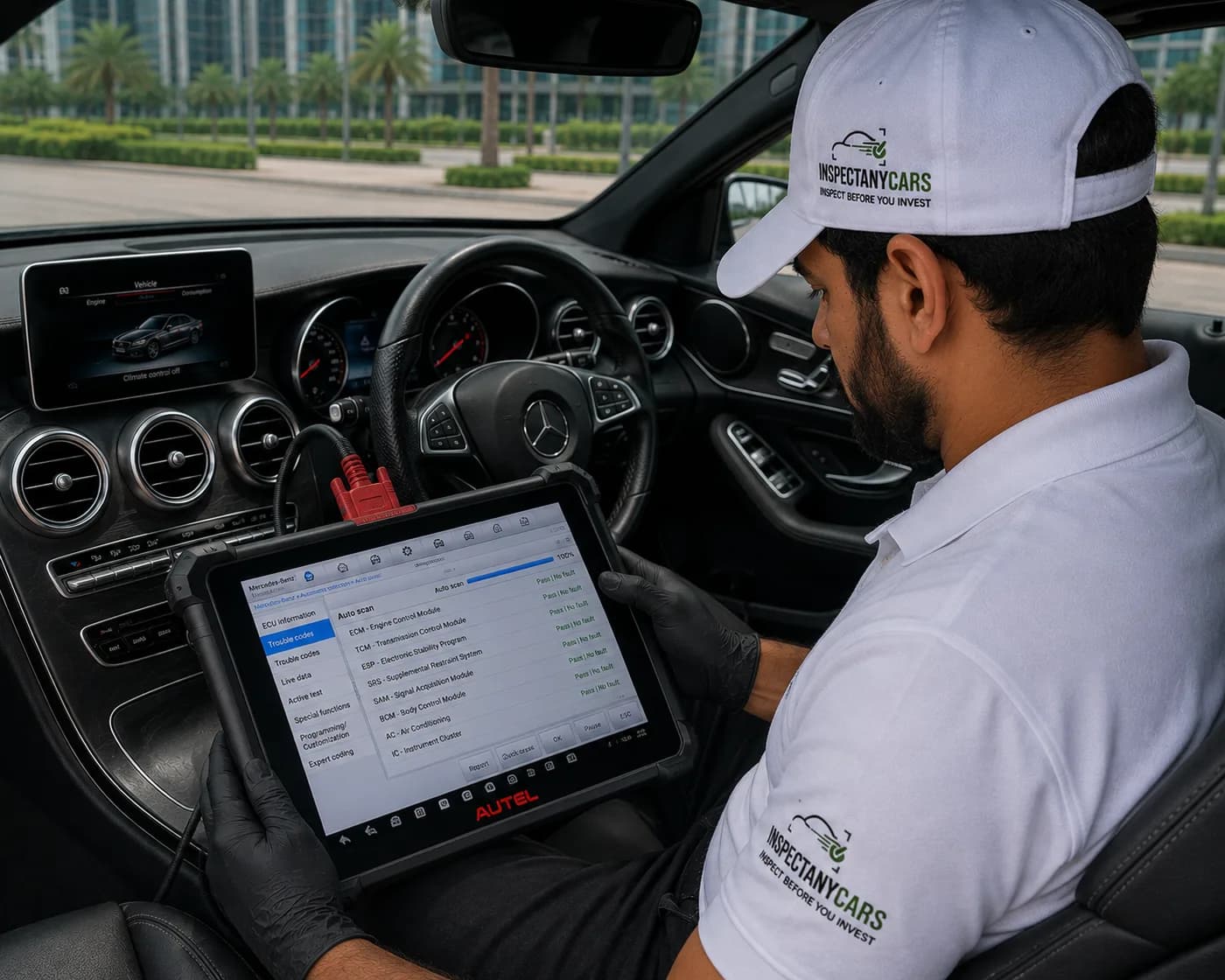 Inspector running a full ECU auto-scan with a diagnostic tablet